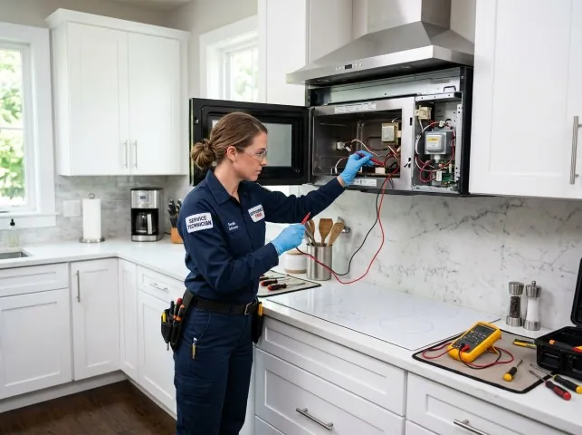 Appliance Repair Hero technician testing an over-the-range microwave in a Assonet, MA kitchen